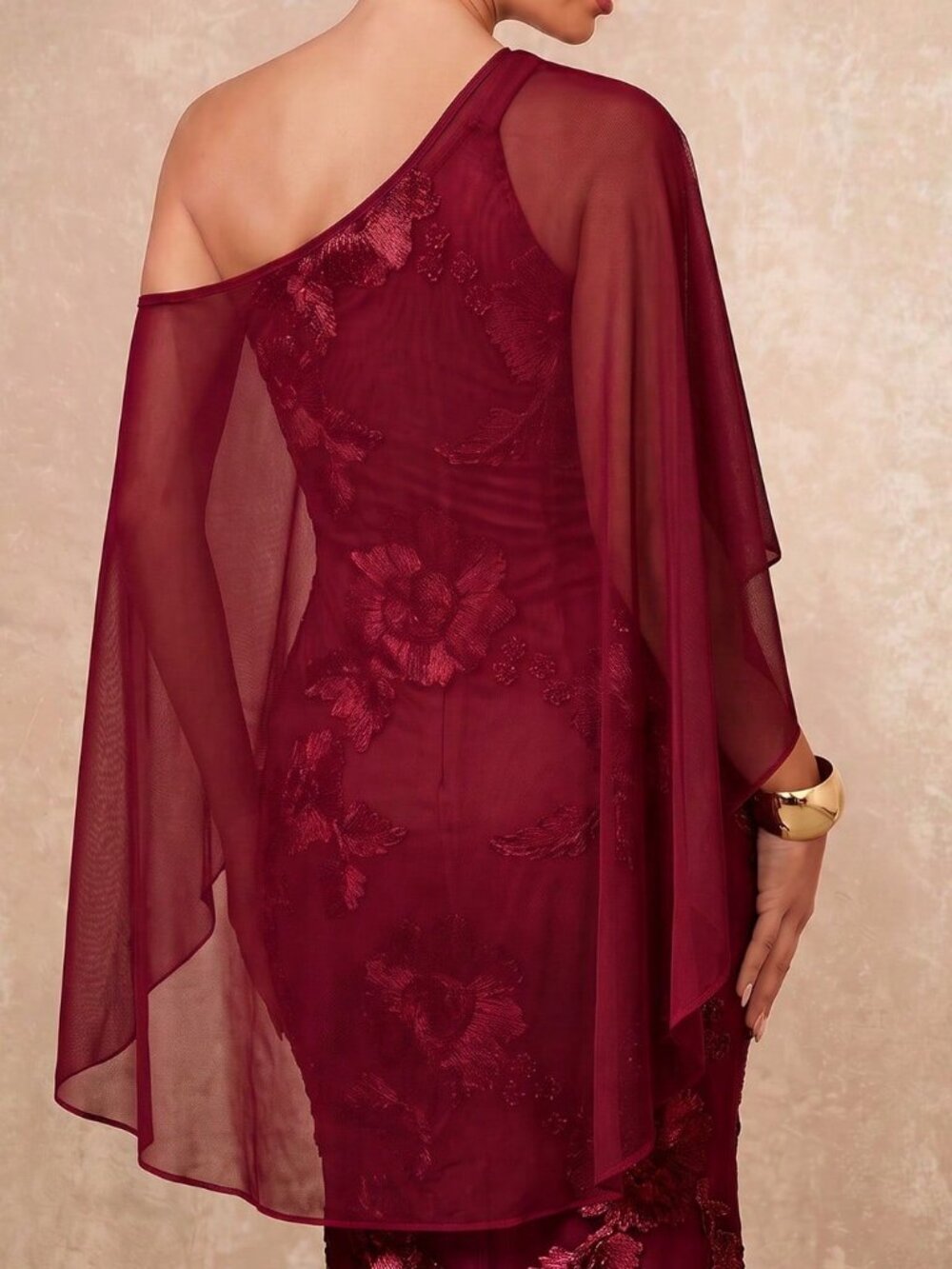 Burgundy Party Women's Asymmetrical Shoulder Sleeveless Fitted Mesh Dress - Picture 5 of 10